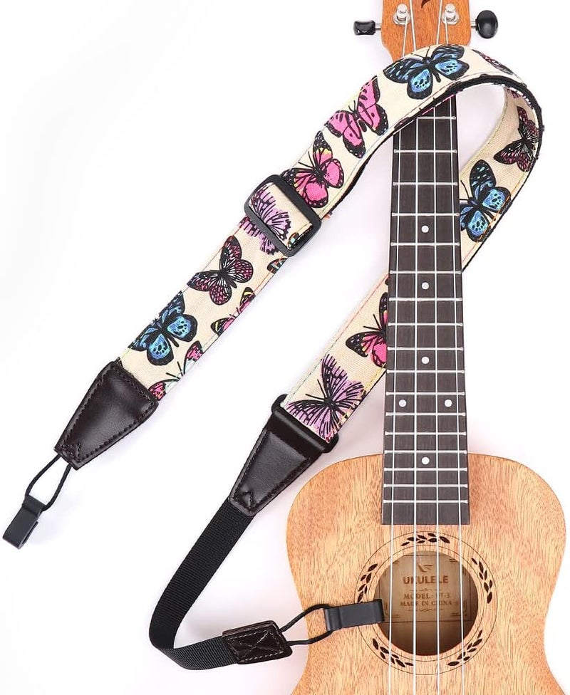EYESHOT Ukulele Strap No Drill, Adjustable Double J Hook Clip on Uke Shoulder Strap, Hawaiian Butterfly Printing Hands Free Ukelele Strap, Easy to Use and Fit Most Standard Uke Sizes - Image 1